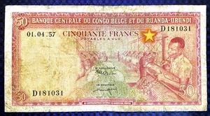 *RARE* 1957 BELGIAN CONGO & RWANDA-URUNDI - 50 FRANCS - P#32 - EZSU7 - Picture 1 of 3