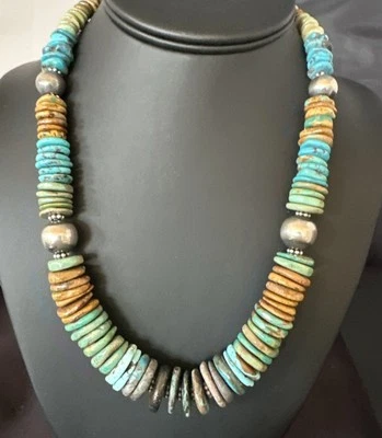 Blue Green Turquoise Navajo Sterling Silver Beads Necklace 20” 19176 - Image 1 of 4