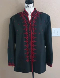 Anne Carson Damenbluse schwarz rot Seide Mandarin Größe 1X Knopfleiste Beschreibung lesen - Bild 1 von 13