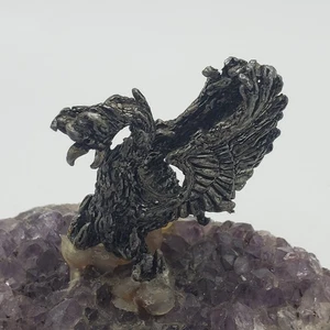 Vintage Pewter Dragon\Phoenix Amethyst Crystal Geode Stone 3" x 2.75" x 2.5" - Picture 1 of 7