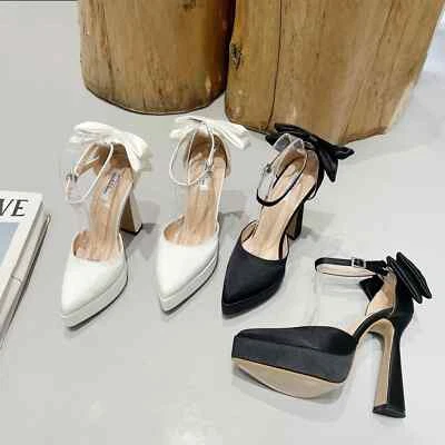 Summer Women High Heels Satin Sandals Bow Strap Buckle Strap Pointed Toe Pumps - Image 1 of 4