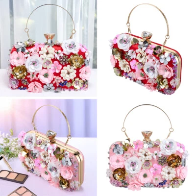 Women Floral Beaded Clutch Evening Bag Wedding Prom Party Bling Purse Handbag - Image 1 of 4