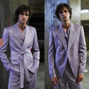 Handmade Purple Men's Suits with Belt 2 Pieces Groom Wedding Formal Jacket Pants - Picture 1 of 16
