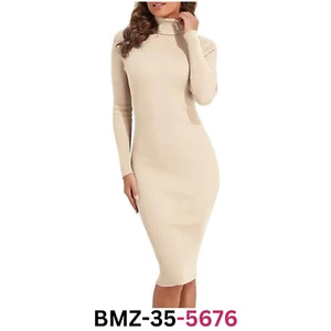 PrettyGuide Women Slim Fit Ribbed Turtleneck Long Sleeve Midi Knit Sweater Dress - Picture 1 of 7