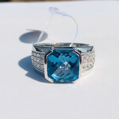 Naturale Topazio Blu Pietra Preziosa Con 14K Placcato Oro Bianco Anello Argento - Immagine 1 di 4