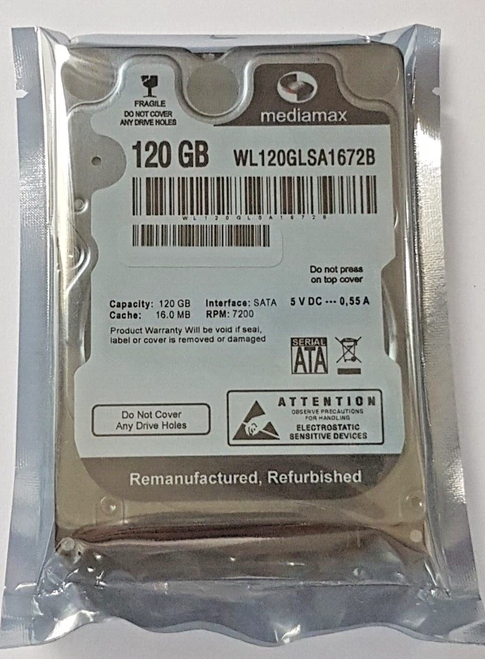 120 GB SATA Mediamax WL120GLSA1672B 7200 RPM 16MB HDD 2.5 " Internal Hard New - Image 1 of 1
