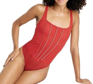 AUDEN Intimates Sheer Mesh Rhinestone Studded Thong Lingerie Bodysuit Red Sz L - Picture 1 of 14