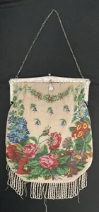 Antike Mikro Perlen Geldbörse Multicolor Rosen Floral verziert Sterlingsilber Rahmen - Bild 1 von 21