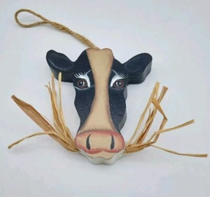Adorno de madera de Navidad negro bronceado cara de vaca comer heno arte popular granja rural - Imagen 1 de 8