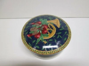 Mikasa "Holiday Music" Christmas French Horn Round Blue Covered Trinket Box Dish - Picture 1 of 10