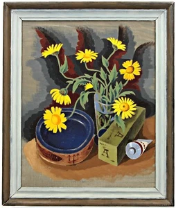 MidCentury NAIVE SWEDISH STILL LIFE OIL PAINTING - YELLOW FLOWERS BLUE BOWL 1960 - Picture 1 of 7