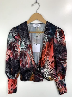 Camisa envolvente para mujer L' Academie Los Angeles colorida abstracta manga globo nueva con etiquetas Foto 1 de 4