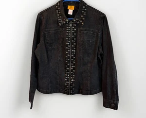 Ruby Rd. Black Denim Jacket Size 12 Full Zip Rhinestones Jean Jacket - Picture 1 of 4