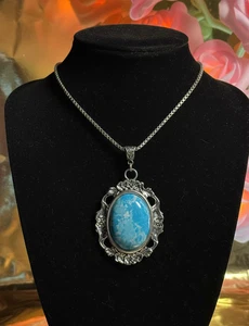 Vintage Pendant Sterling Silver 925 Blue Marbled Stone Ornate Frame Box Chain zz - Picture 1 of 10
