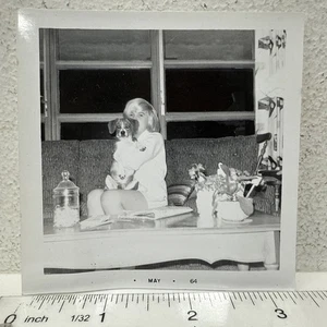 Vintage Snapshot Photo Young Woman Sitting on Couch Holding Pulpy Dog in Lap - Picture 1 of 3