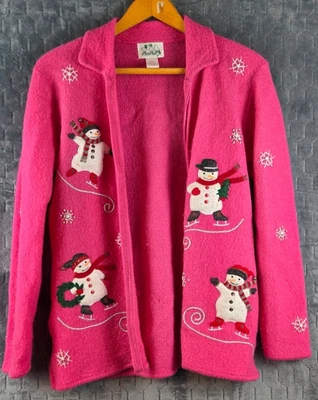 The Quacker Factory Wool Cardigan Sweater Snowman Embroidered Zip Up Small - Image 1 of 4