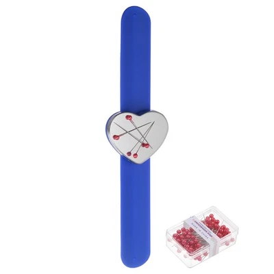 Magnetic Pin Holder Wristband Heart-Shaped Sewing Pincushion, 100 Pins, Blue — 第 1/4 张图片