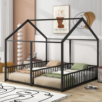 Cama plataforma casa tamaño doble de metal tienda cama, dos camas compartidas para niños niños niños niñas Foto 1 de 4