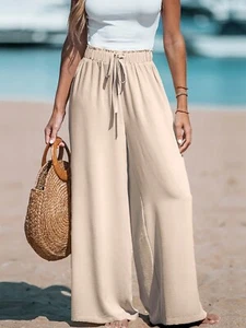 Womens Drawstring Waist Wide Leg Pants Loose Flowy Lounge Trouser with Pockets b - Picture 1 of 18
