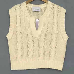 HAUSEN Womens Sweater L Ivory Cream Monroe Tank Vest Classic Preppy Academia NWT - Picture 1 of 14