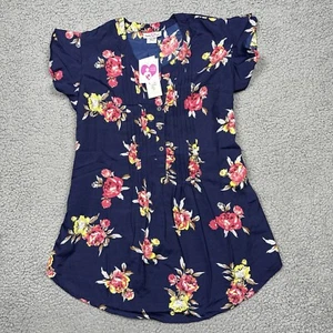 Times Two Maternity Shirt Womens Small Short Sleeve Blue Floral Nursing Friendly - Picture 1 of 12