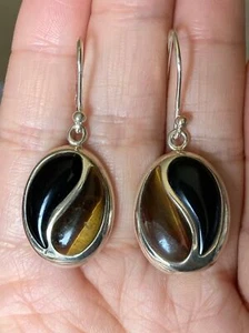 925 Thailand sterling silver tiger eye black onyx Earrings - Picture 1 of 7