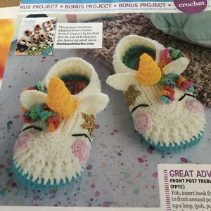 Unicorn Slippers Crochet Pattern Children’s 16-21 cm Stash Buster - Picture 1 of 3
