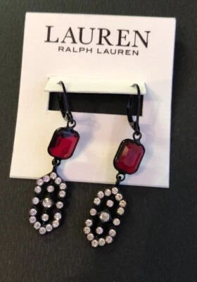 Pendientes colgantes Lauren Ralph Lauren negros pavé y cristal rojo decorativos nuevos con etiquetas Foto 1 de 4