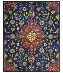 Custom Made Blue and Rust Floral design oriental style Handtufted Wool Area Rug