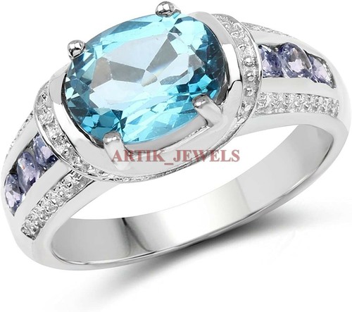 Natural Blue Topaz Gemstone with 925 Sterling Silver Ring for Women's #3152
