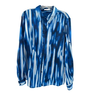 Calvin Klein Retro Modern Art Deco Blue Stripe Statement Shirt L Button Roll Tab - Picture 1 of 11