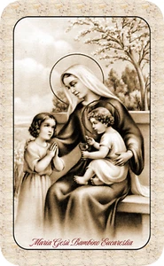 SANTINO HOLY CARD MARIA GESU' BAMBINO EUCARESTIA color seppia - Foto 1 di 2