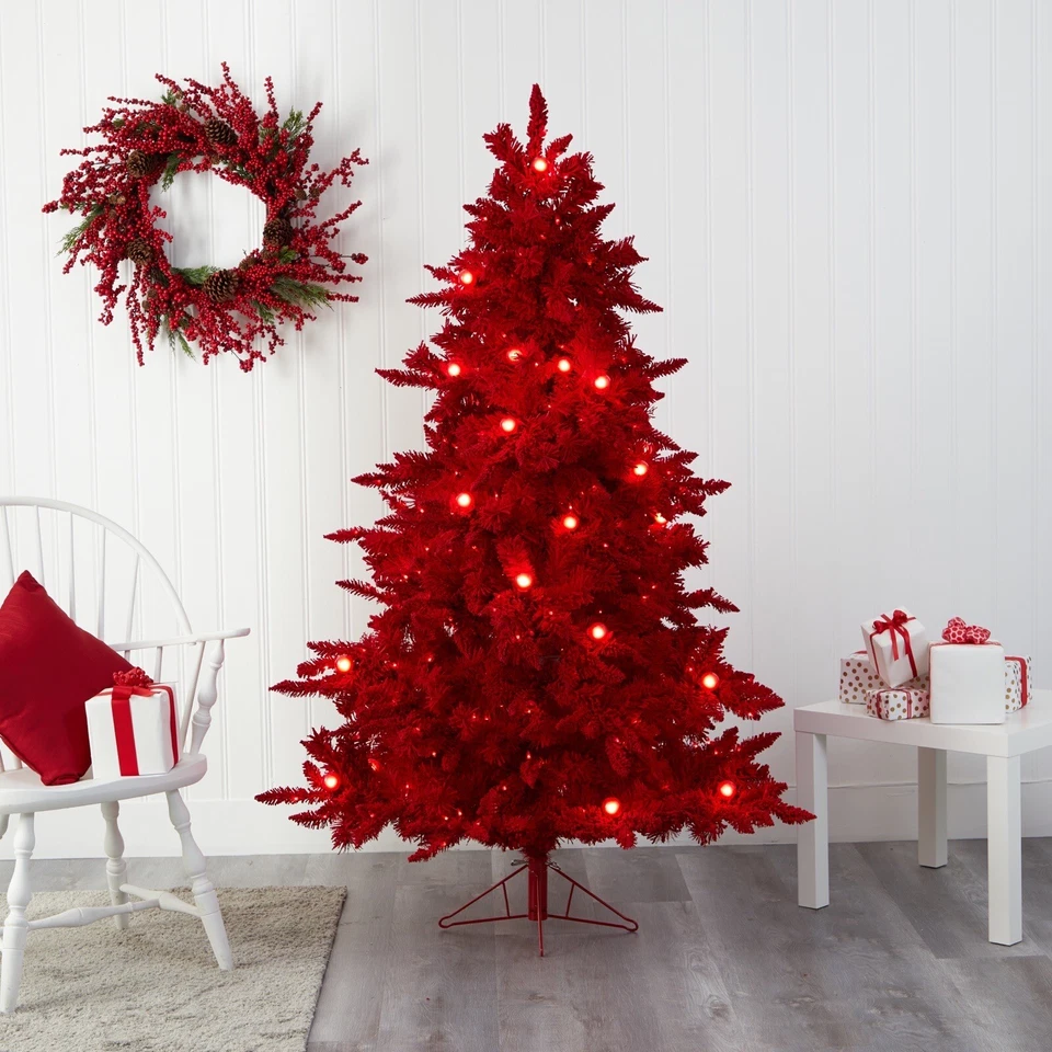 6’ Red Flocked Pre-lit Christmas Tree w/350 Red LED’s and 33 Globe. Retail $332 - Image 1 of 3