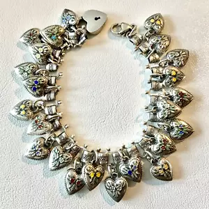 Antik Sterlingsilber Buch Kette Armband Emaille aufgeblähtes Herz Charms mit Lampenschloss - Bild 1 von 10