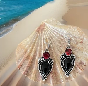 Black onyx & Garnet Handcrafted Gemstone earrings - 925 Silver Plated- New - Picture 1 of 3