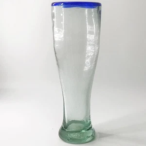 Tall 100% Recycled Handblown 10" Glass Vase with Blue Rim - Picture 1 of 2