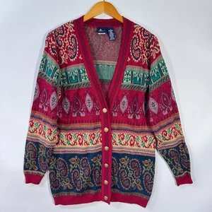 Lizsport Damen Strickjacke Medium Rot Paisleymuster Knopfleiste Vintage - Bild 1 von 10