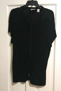 Chicos Traveler Solid Black Snap front Top Women's sz 3 short sleeve no wrinkle - Picture 1 of 5