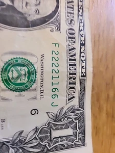 22221166. $1 FRN Fancy Quad Doubles Serial Number. - Picture 1 of 3