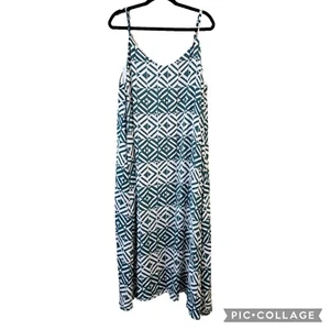 Emily Wonder Spaghetti Strap Maxi Dress Fully Lined Teal & White Beachy Women 1X - Picture 1 of 4