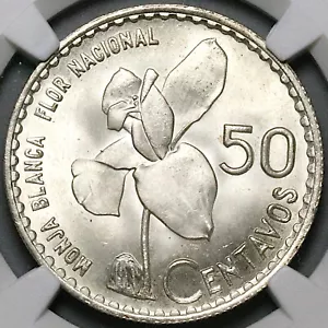 1963 NGC MS 66 Guatemala 50 Centavos White Nun Orchid Silver Coin (24092401C) - Picture 1 of 6