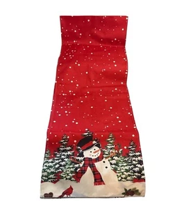 Red & White Snowman Christmas Table Runner Snow & Pine Trees 13" X 72" - Picture 1 of 4