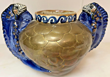 Tonala Mexican Art Ceramic Pot w Iguanas & Brass Fish Scales, 6 1/2" H x 9" long