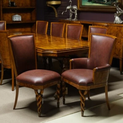 Juego de 10 sillas de comedor tradicionales de madera de fresno de cuero marrón genuino Foto 1 de 4