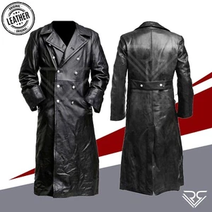 Men's Black Long Full Length Leather Coat Button Front Trench Style Over Coat - Picture 1 of 6