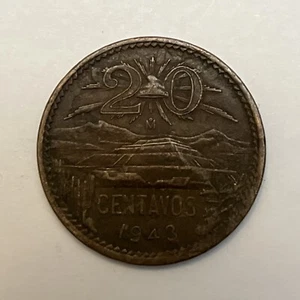 1943 Mexico 20 Centavos Bronze Coin Money Coins Currency Numismatic #303 - Picture 1 of 3