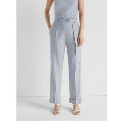 Club Monaco Belted Long Rolled Trouser Blue Chambray Stripe Linen Size 10 - Image 1 of 4