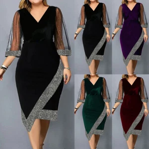 PLUS SIZE ⭐ Women Mesh Sequin 3/4 Sleeve Midi Dress Evening Cocktail Party Dress - Picture 1 of 18
