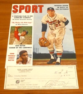 Warren Spahn Ozzie Sweet Sport Magazin Titelbild mit signiertem storniertem Scheck - Bild 1 von 6