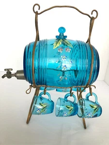 Antique LIQUOR DECANTER Blue Glass Set of 7 includes Keg and Brass Stand Holder - Picture 1 of 12